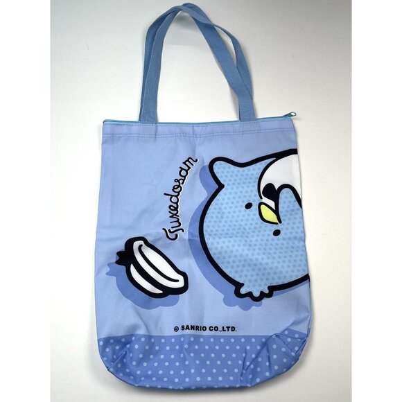 SANRIO Tuxedo Sam Penguin Blue 13"x17" Zipper Zip-Up Nylon Shoulder TOTE BAG EUC - Picture 1 of 2